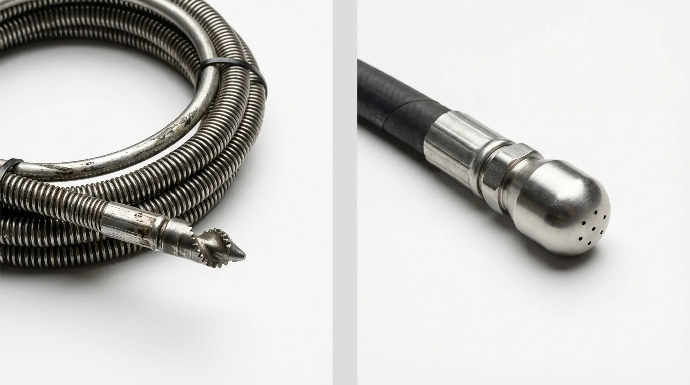 Drain snake cable and hydro jetting nozzle used for drain cleaning in Geneseo, NY