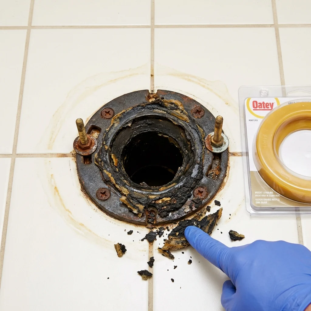 Failed wax ring showing water seepage at the base of a toilet in a Geneseo, NY home