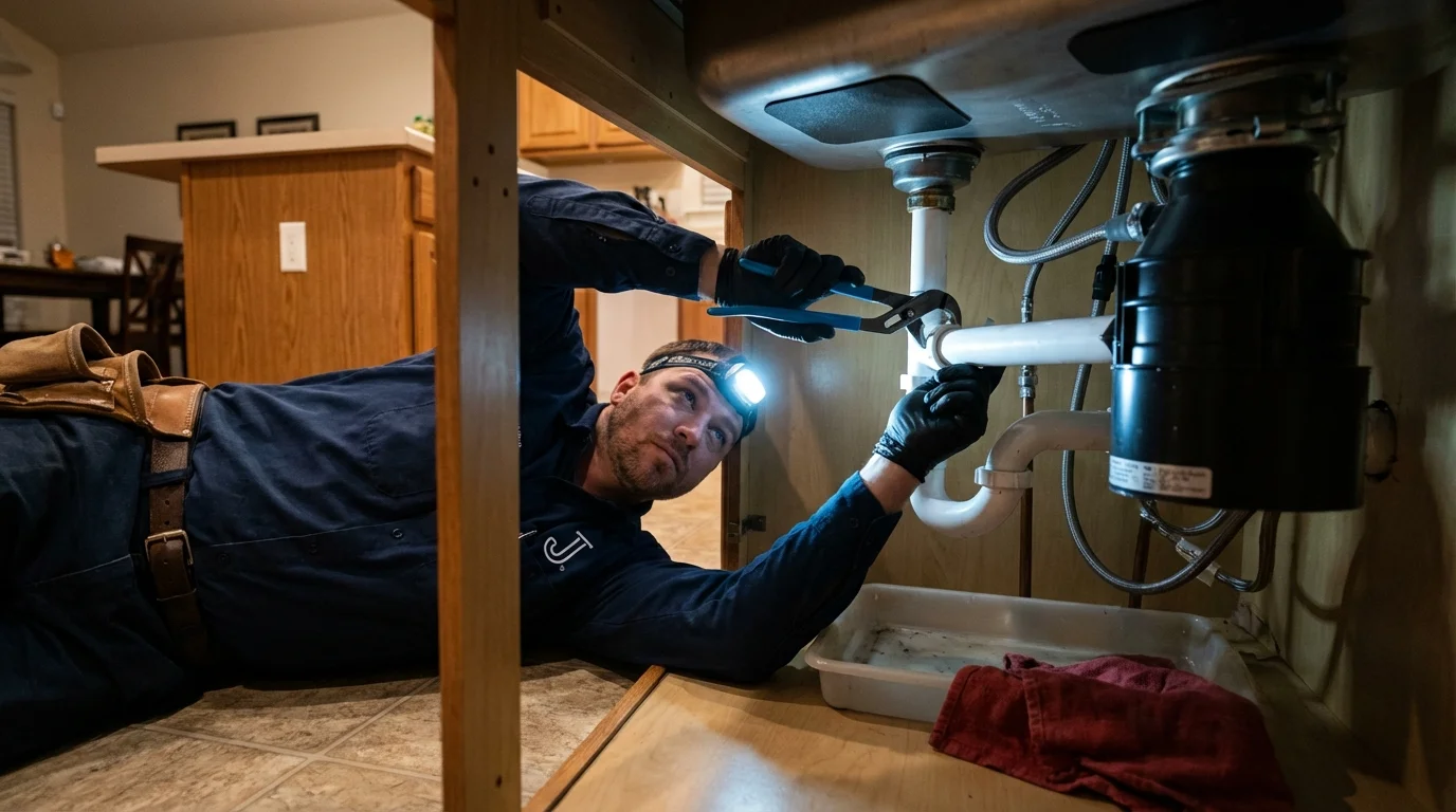 P-trap and supply line connections under a kitchen sink showing a common leak point in Geneseo, NY